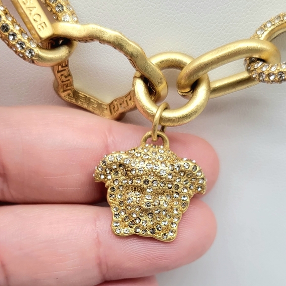 Versace Diamond Swarovski Crystal Medusa Head Rolo Link Statement Necklace - Picture 9 of 11